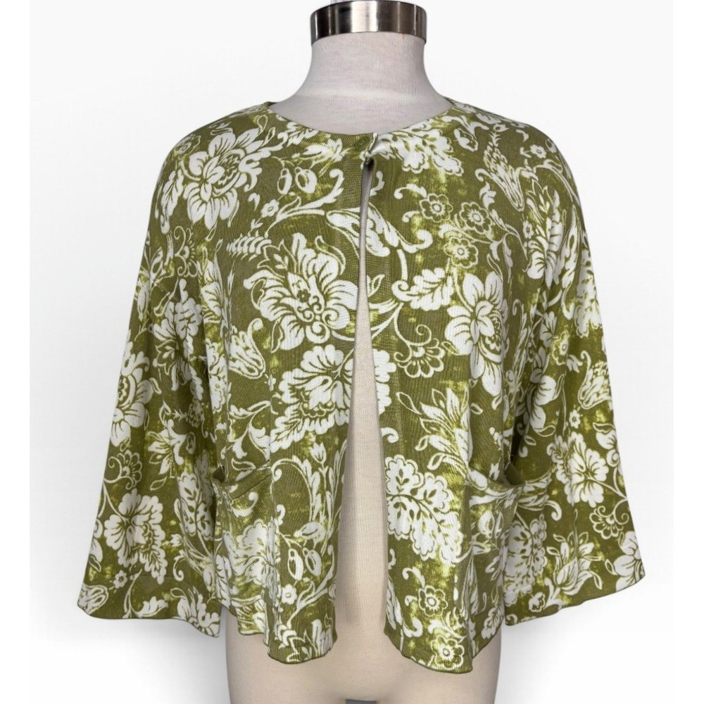 Isaac Mizrahi Olive Green Floral Cardigan Bell Sleeve Botanical Cottagecore Boho